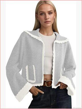 Scallop Lapel Collar Knit Cardigan Sweater Color Block Bell Sleeve Open Front